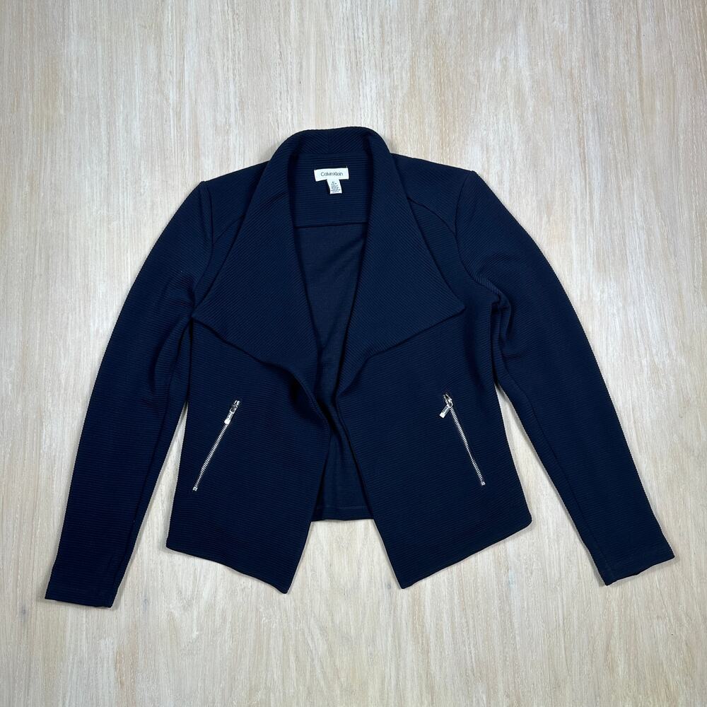 Calvin Klein Navy Blue Open Front Moto Textured Knit Office Casual Jacket Small